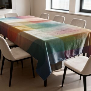 Può includere: Una tovaglia rettangolare con un design astratto e colorato. Il motivo presenta grandi forme sovrapposte in tonalità di rosso, arancione, giallo, verde, blu e viola. La tovaglia è su un tavolo da pranzo.