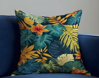 Dark Tropical Leaf Cushion Cover, Botanical Jungle Pillow Cover, Bold Modern Home Decor