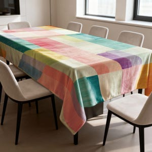 May include: A rectangular tablecloth with a colorful patchwork design. The pattern features large, irregular blocks of color in shades of pink, yellow, green, blue, and purple. The tablecloth is draped over a dark table, surrounded by light-colored chairs.