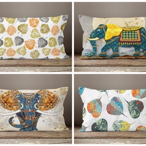 Rectangle elephant, floral leaf cushion cover/Elephant lumbar pillow case/Blue, yellow elephant waist cushion bedding decor
