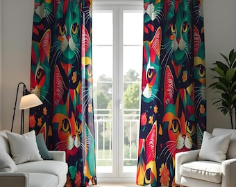 Rideaux colorés pour chats, art moderne pour chats, habillage de fenêtre audacieux félin, décoration de chambre d'enfant de chatons, dimensions personnalisées disponibles