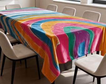 Colorful Abstract Wave Tablecloth, Modern Artistic Dining Table Cover, Rainbow Curved Rectangular Table Linen