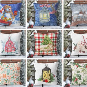 Funda de cojín de muñeco de nieve/Decoración de farolillos navideños/Funda de cojín de casa de nieve/Cojín decorativo de casa roja con vista invernal/Funda de cojín decorativa de Año Nuevo