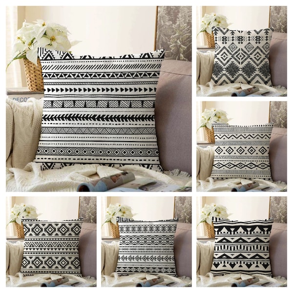 Housse de coussin Kilim, taie d'oreiller ethnique noir et blanc, taie de coussin design tapis à rayures, décoration de maison turque anatolienne effet diamant