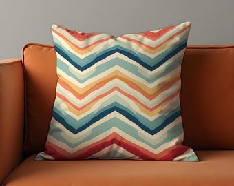 Funda de cojín retro Chevron, con estampado en zigzag multicolor, tonos tierra para decoración bohemia o moderna de mediados de siglo.