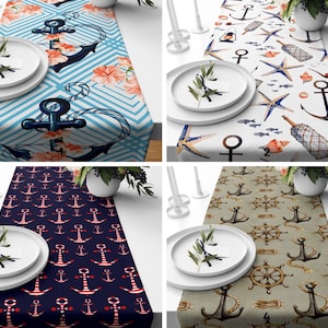 Anchor and Wheel Table Top/Navy Blue Nautical Table Runner/Starfish Table Decor/Anchor Kitchen Runner/Rectangle Tablecloth/Coastal Table