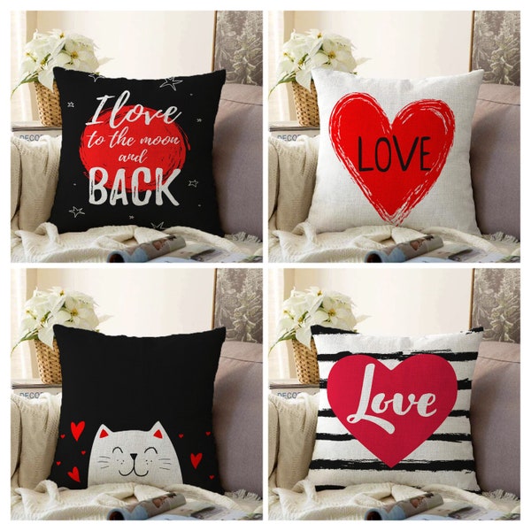 Love Pillow Cover, Black and Red Romantic Cushion Case, Valentine's Day Present, Heart Bedroom Textiles, I Love You Decoration, Gift For Her