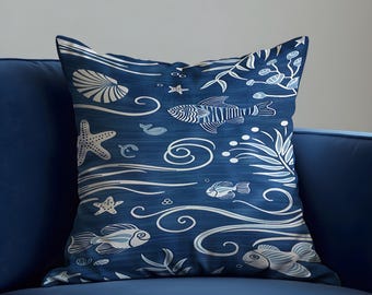 トルコ製　手刺繍　ロングクッションカバー　魚デザイン　青 航海テーマのクッション、青い海の生き物のクッションカバー、魚、貝殻
