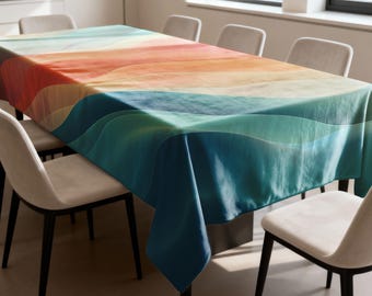 Abstract Gradient Tablecloth, Teal Coral Modern Dining Table Cover, Velvet Printed Table Linen