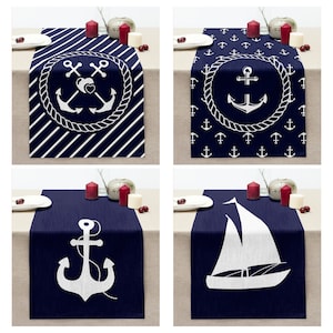 Maritimer Tischläufer, marineblaue Anker-Sea-Tischplatte, Yacht-Küchendekoration, Esszimmerdekor mit Meermuster, Housewarminggeschenk