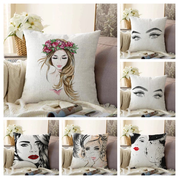 Lady Portrait Cushion Cover|Woman Face Black&White Pillow Case|Red Lipstick Cushion Case|Decorative Throw Pillow Cover|Gift For Her