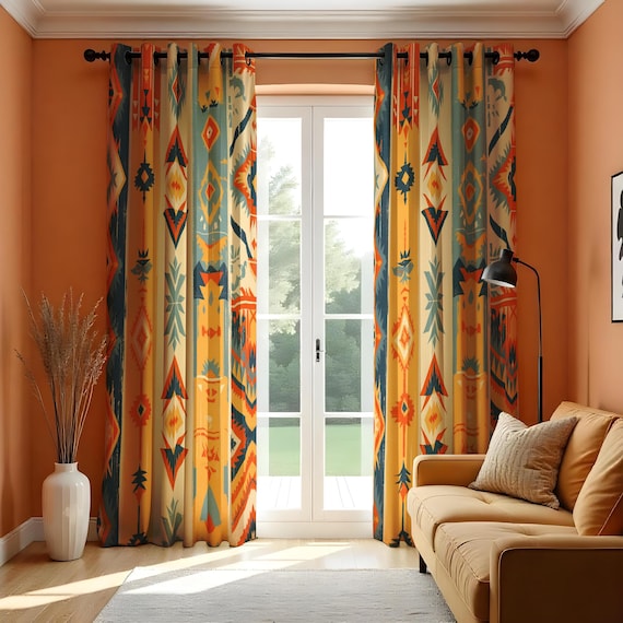 Southwestern Aztec Curtains, Boho Tribal Window Panels, Colorful