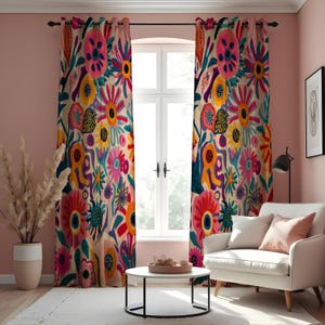 May include: Floral print curtains with a vibrant, colorful design. The curtains feature large, stylized flowers in shades of red, pink, yellow, and blue against a cream background. The curtains are hanging in front of a window.