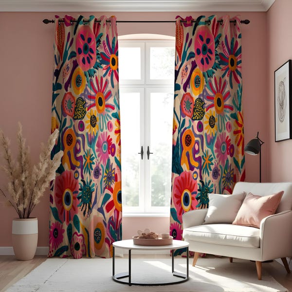 Vibrant Boho Floral Curtains, Colorful Folk Art Flower Pattern Bold Artistic Botanical Drapes