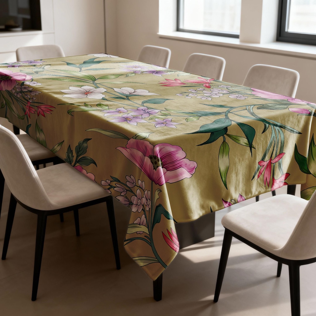 Floral Tablecloth, Botanical Dining Table Cover, Green Beige Flower ...