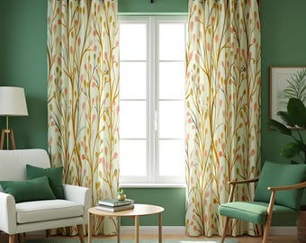 Botanical Leaf Curtains in Orange Green & Yellow Tones, Custom Nature Print Drapes, Modern Window Panels for Living Room or Bedroom