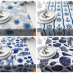 Nautical table runner|Navy Blue fish table decor|Starfish anchor table cloth|Seashell table top|Gift for her table runner|Handmade material