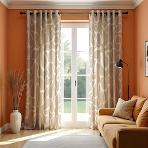 Abstrakte Beige & weiße moderne Vorhänge, minimalistische weiche neutrale Fenstervorhänge, zeitgenössische Fensterbehandlungen, auf Bestellung gefertigte Vorhangpaneele