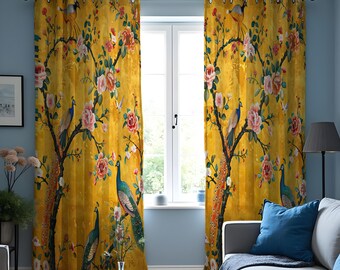 Yellow Chinoiserie Curtains, Peacock and Floral Print Drapes