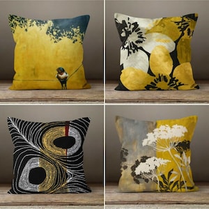 Gold Bird Cushion CoverFlower yellow grey pillow caseMustard Modern leaves Cushion caseGarden throw pillow coverGift for her image 1