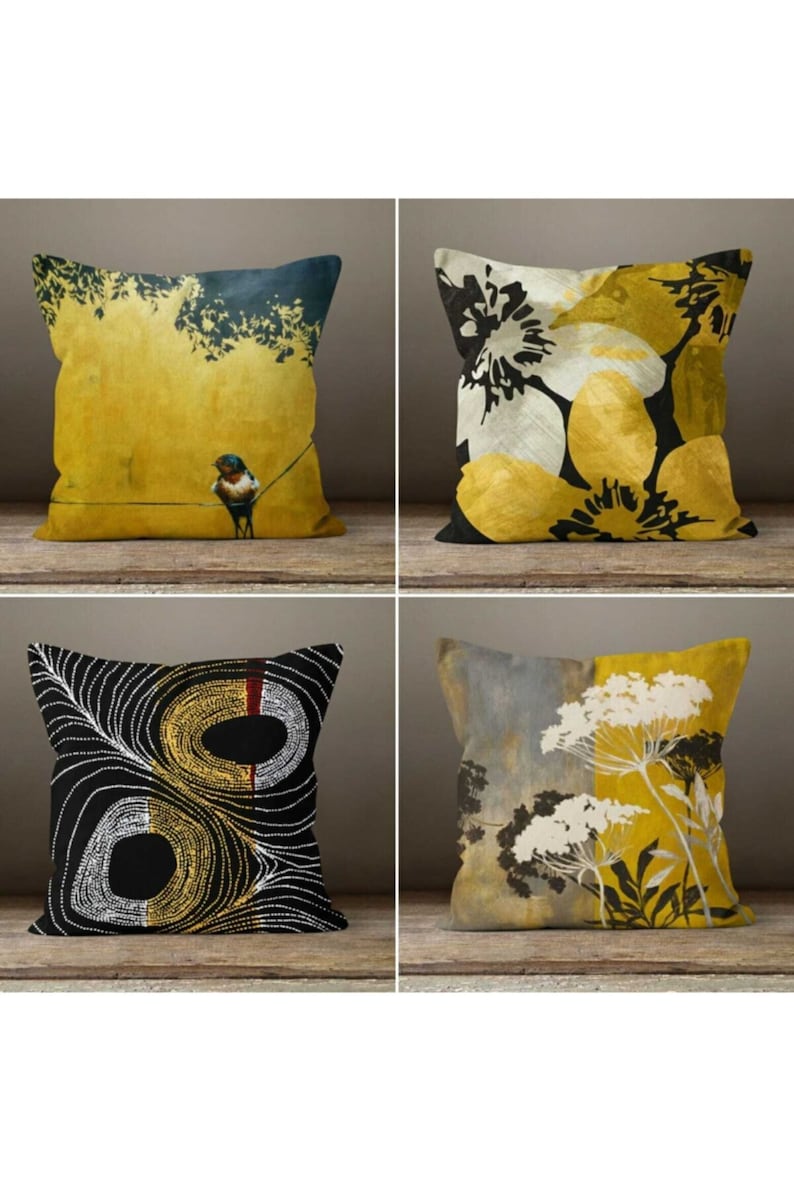 Gold Bird Cushion CoverFlower yellow grey pillow caseMustard Modern leaves Cushion caseGarden throw pillow coverGift for her image 1