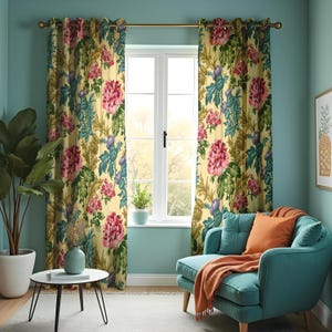 Bold Floral Curtains, Vintage Botanical Drapes, Made to Measure window Panels with Pink Peonies and Green Foliage for Cottagecore