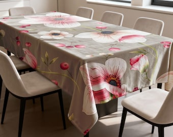 Floral Poppy Tablecloth, Neutral Botanical Dining Table Cover, Beige Rectangular Kitchen Table Linen