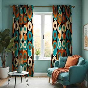 Retro Geometric Circle Pattern Curtain, Bold Orange, Blue & Cream Drape, Modern Abstract Window Treatment, Custom Size Available