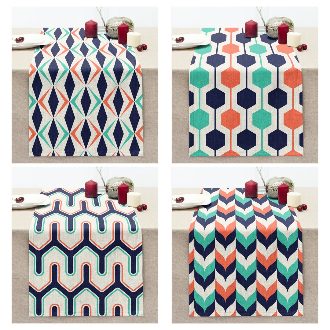 Retro Abstract Table Runner, Geometric Kitchen Table Decoration, Colourful Dining Room Table