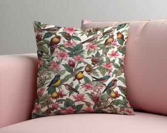 Floral Bird Cushion Cover, Classic Botanical Throw Pillow Case, Cottagecore Decorative Pillow Case