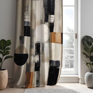Modern Abstract Curtains, Bold Geometric Shape Drapes, Black & Beige Circle and Square Motifs, Minimalist Window Drapes