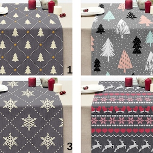 Christmas Table Runner, Grey and Red Table Top, Snowflakes Pattern, Festive Deer Decor, Perfect for Holiday Season, Xmas Decoration Piece