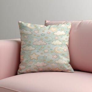 Pastel Nursery Cushion Cover, Moon and Stars Baby Pillowcase, Soft Cloud Print, 18x18” Square, Cute Gender Neutral Kids Room Decor