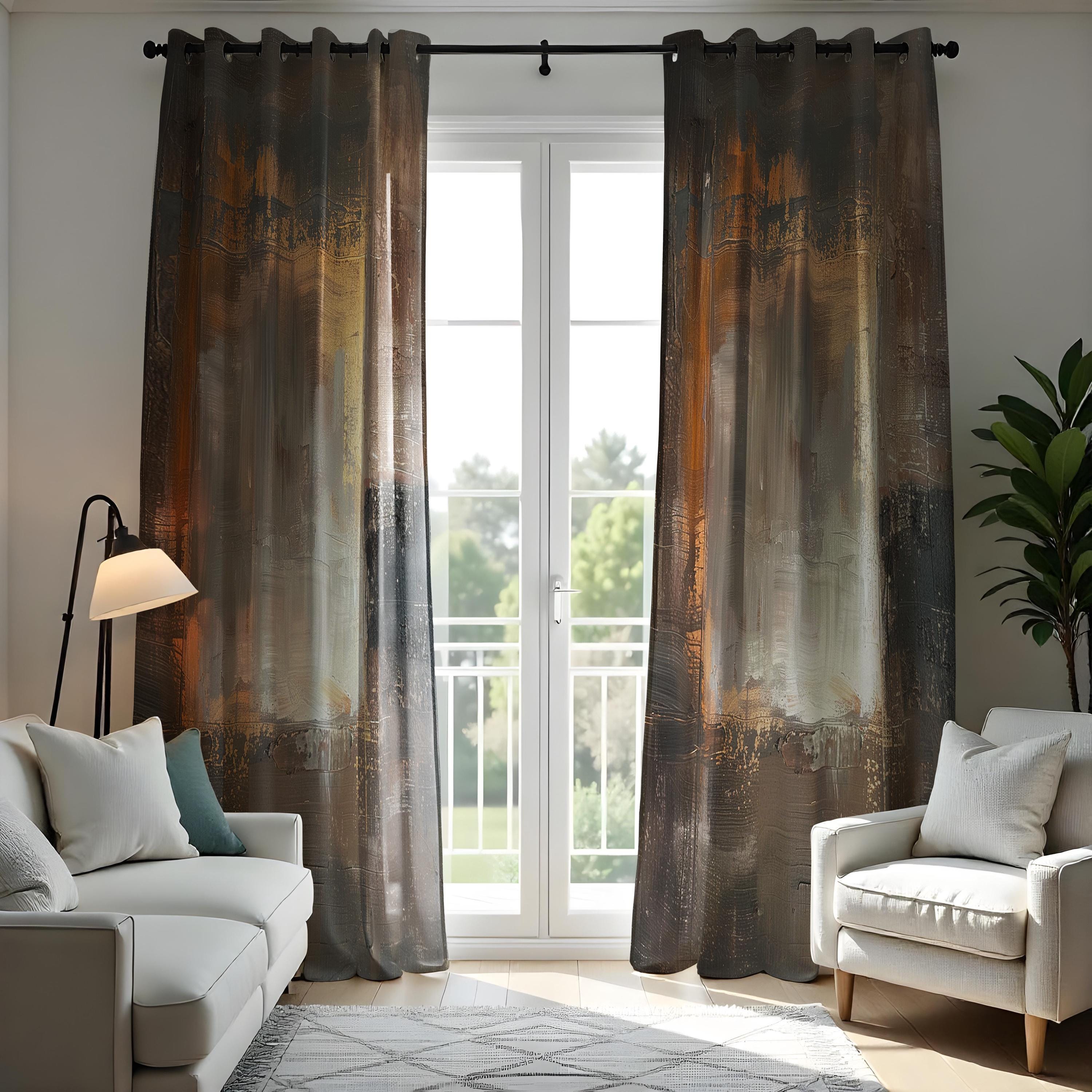 Earthy Window Screen Rustic Abstract Curtain, Earthy Brown & Black Brushstroke Drape, Modern ...