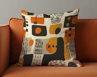 Modern Abstract Cushion Cover, Mustard, Orange & Black Geometric Shapes Pillow Case, Contemporary Throw Pillow Cover, Stylish Sofa Decor