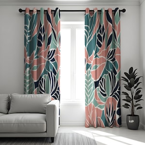 Tropical Leaf Print Eyelet Curtains, Peach, Teal & Navy Botanical Drapes, Modern Floral Window Treatment, Custom Length Panel Curtains