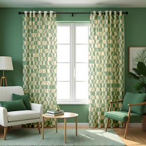 Retro geometriska gardiner, gröna krämfärgade rutiga draperier, vågiga gardiner i modern stil i mitten av århundradet för vardagsrum och sovrum