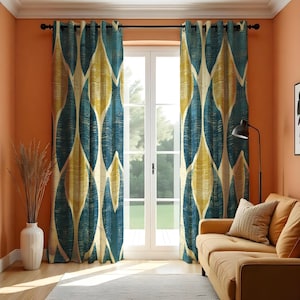 Geometric Blue and Yellow Curtains, Abstract Modern Pattern Drapes, Textured Leaf Window Treatments, Made to Order Curtain Panels