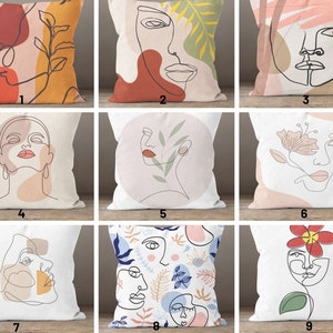 Line art face themed throw cushion cover/Abstract face cartoon woman pillow case/Boho art illustration/Body silhouette/Modern wedding gift