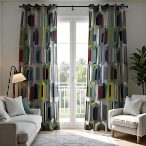 Mid-Century Modern Curtains with Geometric Pattern, Made to Measure Curtain Panels, Retro Style Window Drapes for Living Room or Bedroom