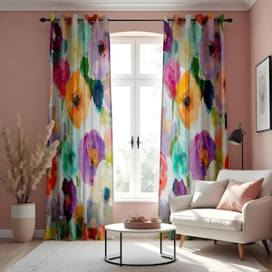Cortinas con estampado floral de acuarela, cortinas con estampado de flores pintadas en varios colores vibrantes, tratamiento de ventana floreciente, paneles de largo personalizado