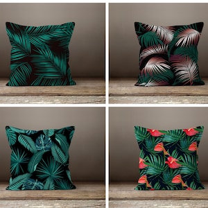 Tropical flower Cushion Cover|Exotic black pillow case|Monstera Cushion case|Decorative pillow cover|Gift for her cushion|Handmade material