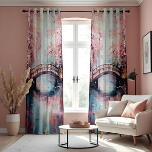 Cherry Blossom Bridge Curtains, Japanese Garden Window Drapes, Pink Floral Landscape Curtain Panels, Romantic Spring Decor for Living Room