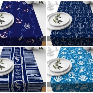 Navy blue anchor table top/Sea creatures figured table cloth/Outdoor restaurant table runner/Kitchen dining table decor/Yacht table top