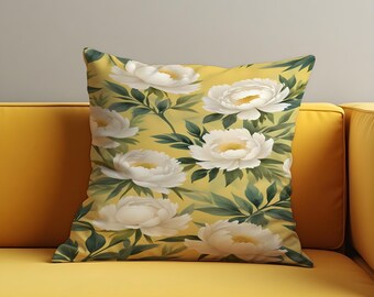 Yellow Floral Cushion Cover, White Flower Pillow Case, Mustard Botanical Throw Cushion Case