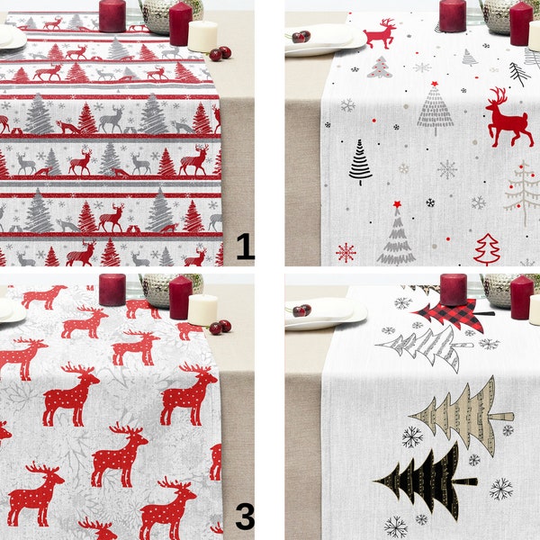 Christmas Table Runner, Snowflake - Deer & Fir Tree Design, Unique Idea for Festive, Cozy and Wintry Holiday Table Settings, Winter Gift