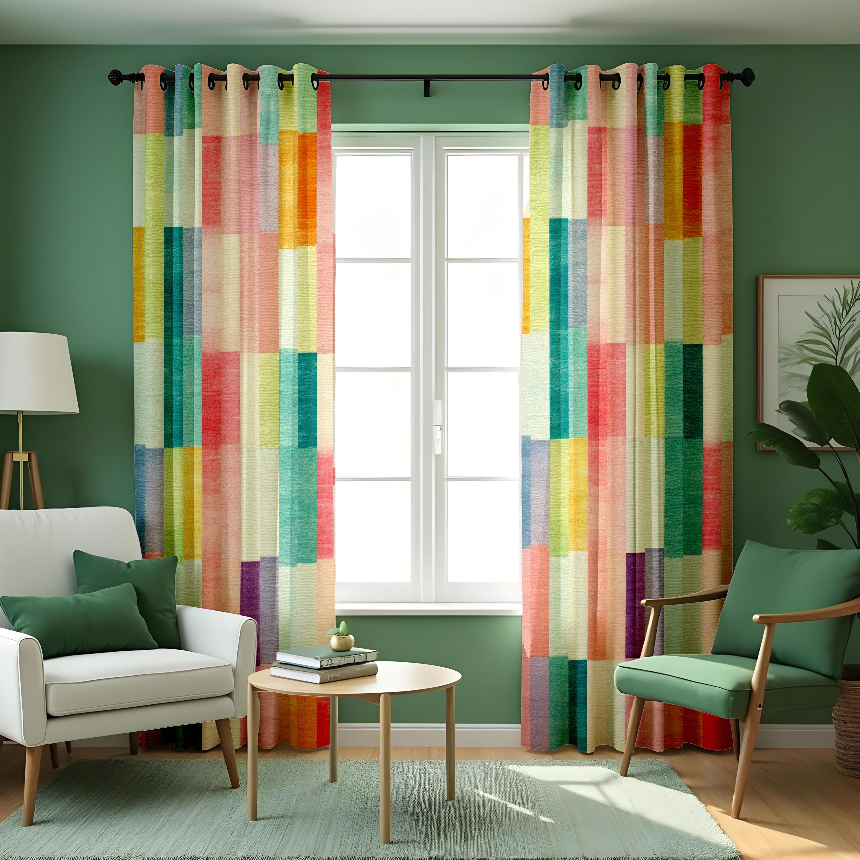 ABAKUHAUS Geométrico Cortinas, Estilo Retro De La Cuadrícula De Colores
