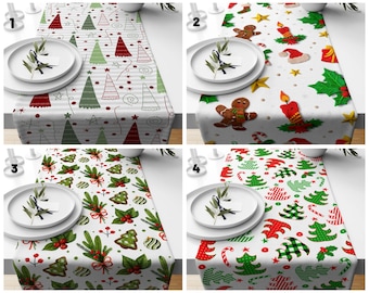 May include: A set of four Christmas-themed table runners. Designs include Christmas trees, gingerbread men, candles, holly, and candy canes in red, green, and white. Each runner is rectangular and features a different festive pattern.