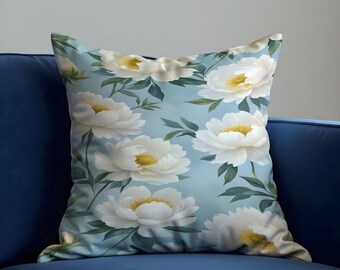 Blue Floral Cushion Cover, White Peony Pillow Case, Soft Botanical Throw Cushion Case