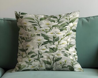 White Floral Cushion Cover, Botanical Pillow Case, Neutral Flower Throw Cushion Case